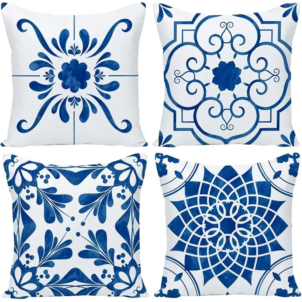

Geometric Blue Flower Decorative Throw Pillow Covers 18 X 18 H, Set Of 4 Abstract Blue Flower Cushion Cover Square Pillow Cases