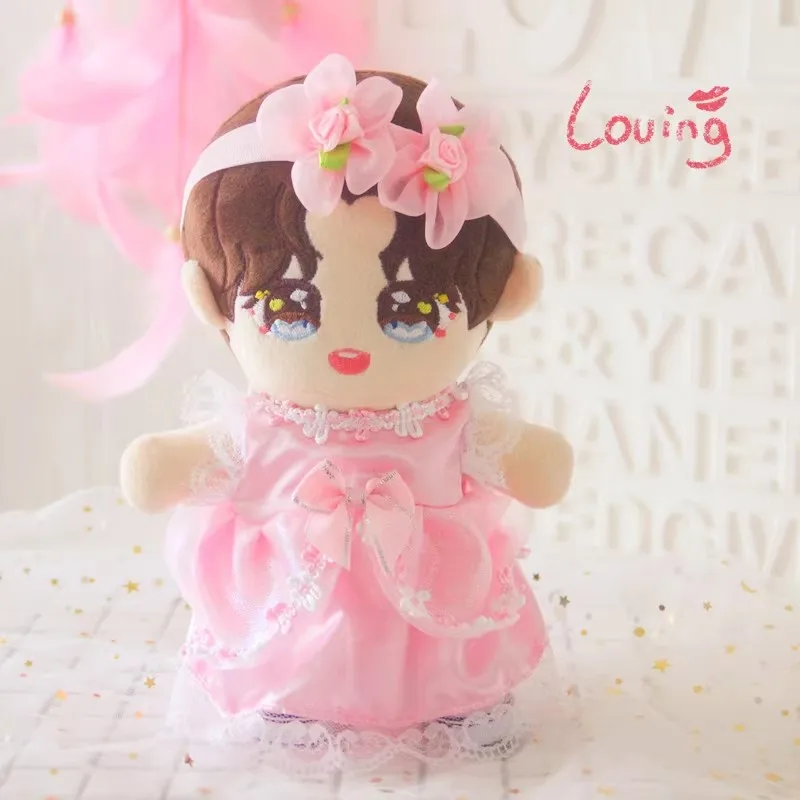 

20cm Cute Idol Doll Clothes Kawaii Pink Flower Headwear Lace Dress Set DIY Dress Up Plush Doll Accessories Toys Girls Gifts