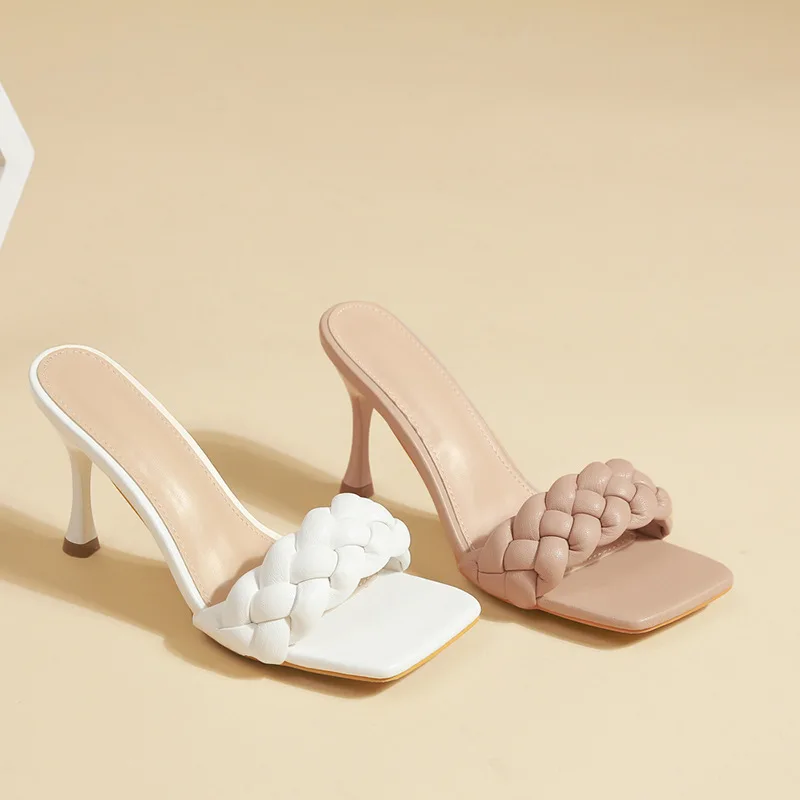 

Size 35-42 New Design Weave Women Slipper Thin High Heel Sandal Open Toe Slip on Summer Outdoor Slides Flip Flop Shoe