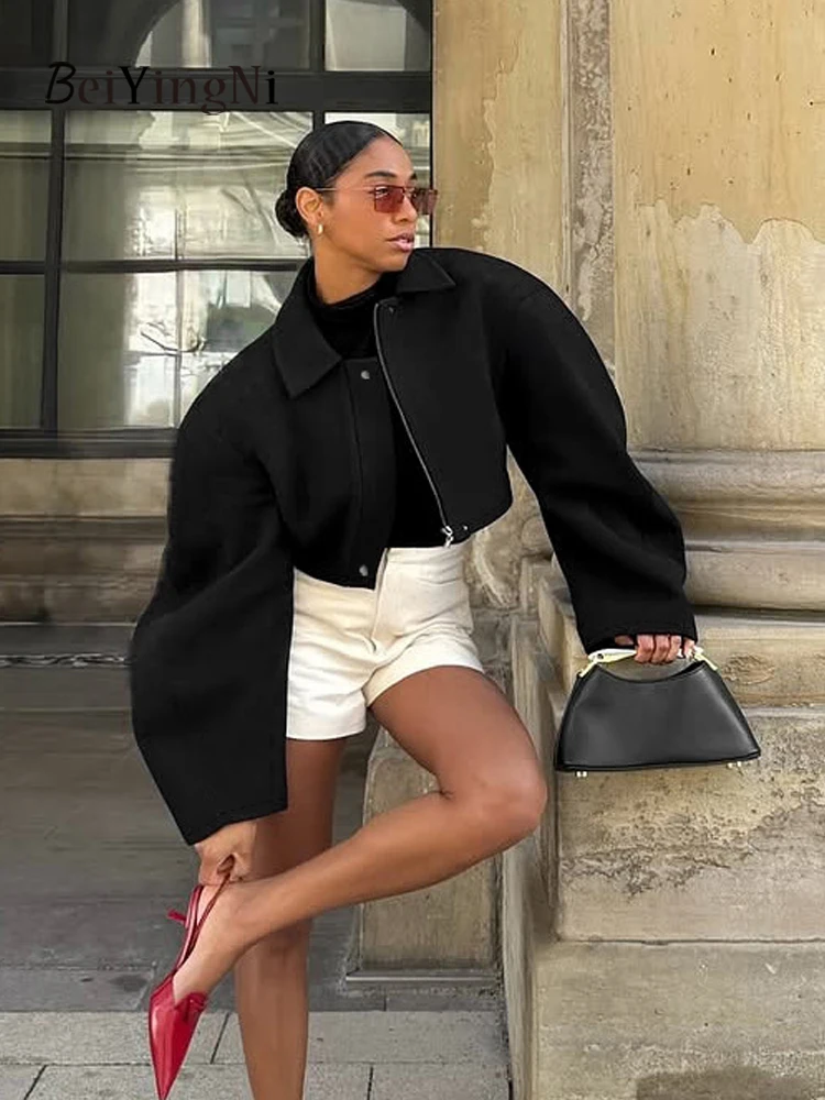 

Beiyingni Stylish BF Oversized Jacket Female Black High Street Casual Loose Zipper Woolen Short Coats Winter Warm Outwear 2025