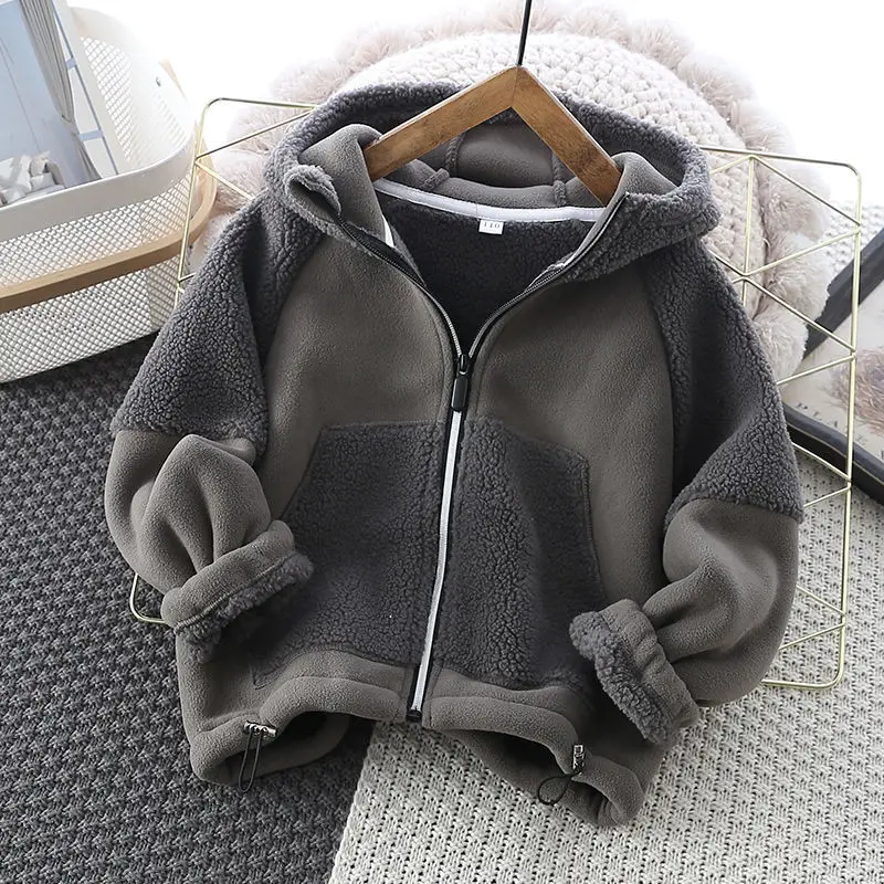 

Boys' Fleece-Lined Thickened Polar Fleece Jacket Spring and Autumn Fluffy Jacket Zipper Hoodle Fleece