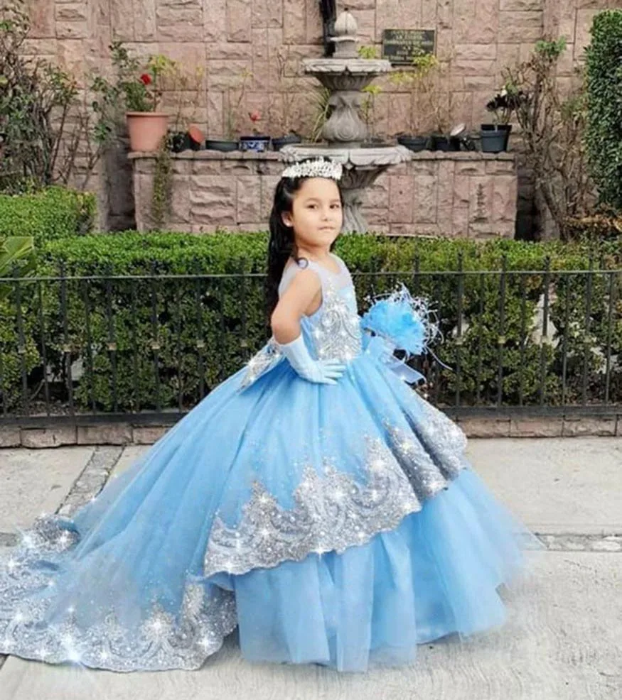 

Blue Flower Girl Dresses for Wedding Toddlers Beaded Lace Princess Pageant Dress With Bow Baby Girls Custom Made Party Ball Gown