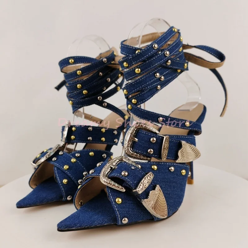 

Blue Denim Studded Buckle Strap Pointed Toe Sandals Women Peep Toe Cross Strap Thin High Heels Retro Fashion Party Vacation Shoe