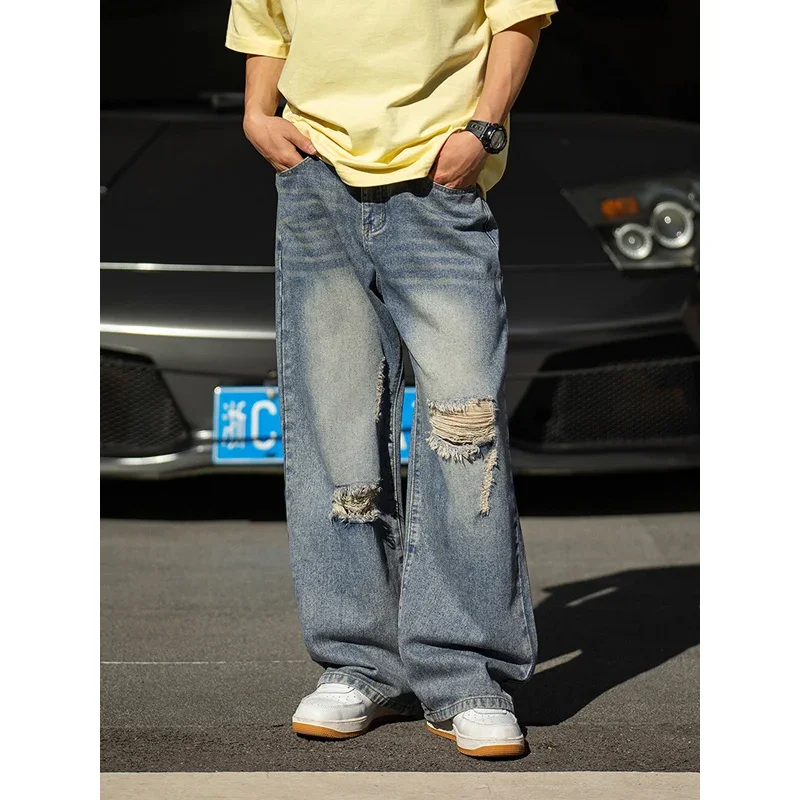 

TFETTERS Brand American Vintage Ripped Jeans Mens 2024 Spring Summer New Baggy Mid Rise Washed Jeans for Man Fashion Streetwear