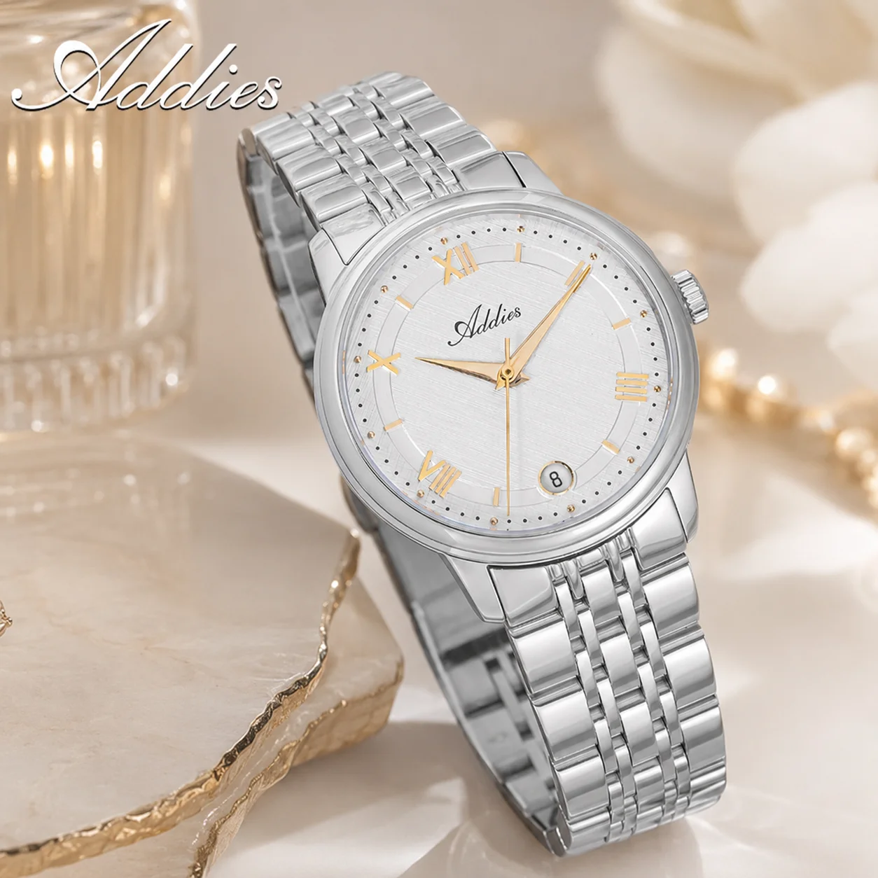 ADDIES Gold Hands AW25904 5Bar Waterproof Stainless Steel Dress Watch for Women Date Display Sapphire Glass Quiet Luxury Watches