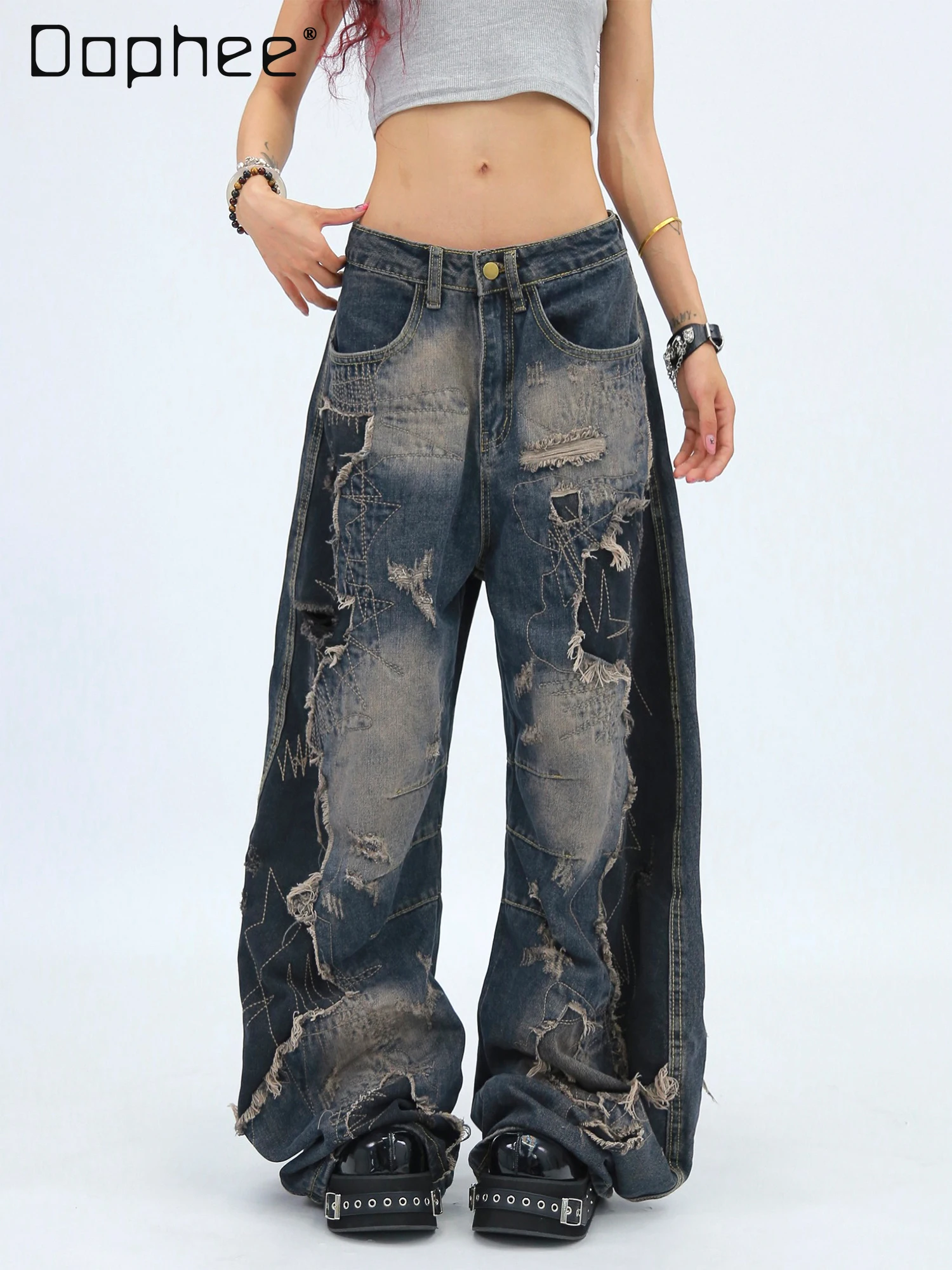 

American Retro Hot Girl Distressed Washed Ripped Jeans Cargo Pants High Street Punk Style High Waist Loose Slimming Jeans Women