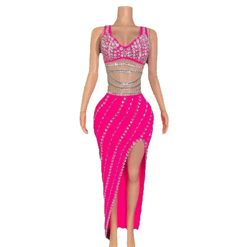 Sukienka z różowymi czerwonymi dżetami na imprezę dla piosenkarki, sukienki wieczorowe, kostium do występów jazzowych, strój sceniczny, na wybieg, XS9616
