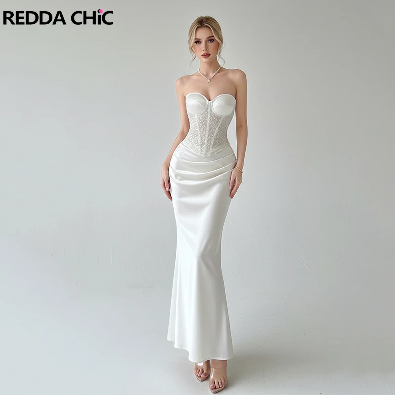 REDDACHiC Sequin Boned Corset Skirt Set Strapless Sheer Tube Top Maxi Mermaid Satin Skirt Birthday Party Evening Women Clothes