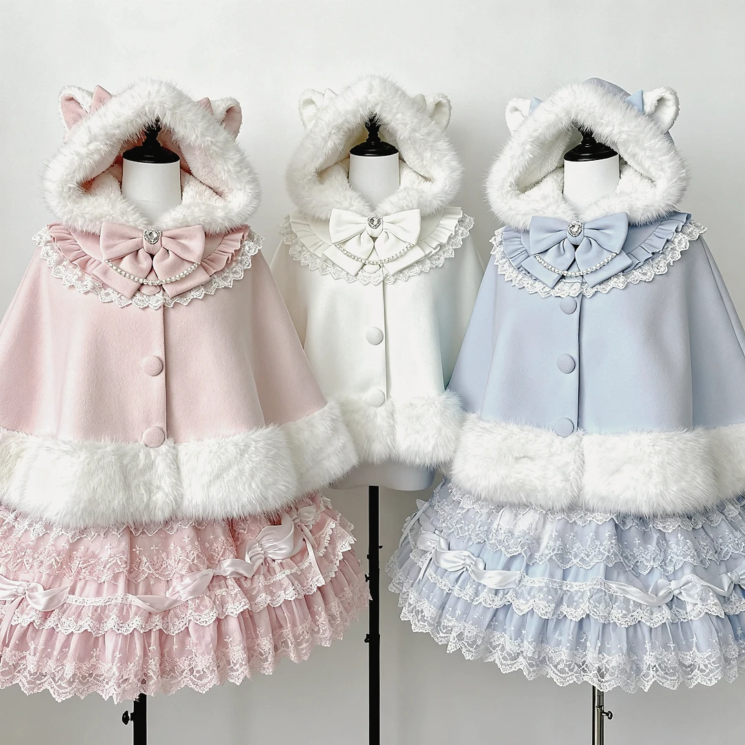 2025 natal inverno capa casaco feminino design arco lolita com capuz retalhos kawaii cope casaco feminino quente capa doce jaquetas