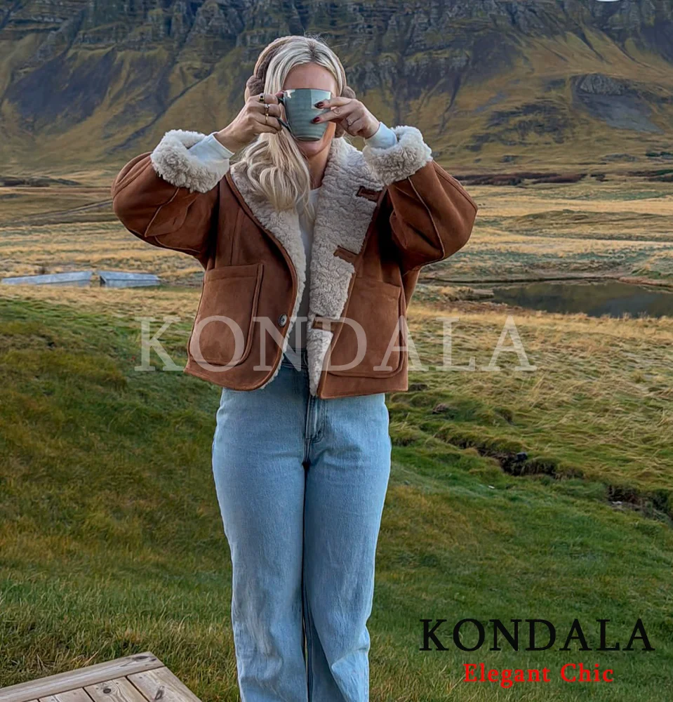 KONDALA Winter Fleece Reversible Coat Women's Fall Winter Warm Buttons Pockets Coat 2025 Fashion Elegant Casual Female Coat