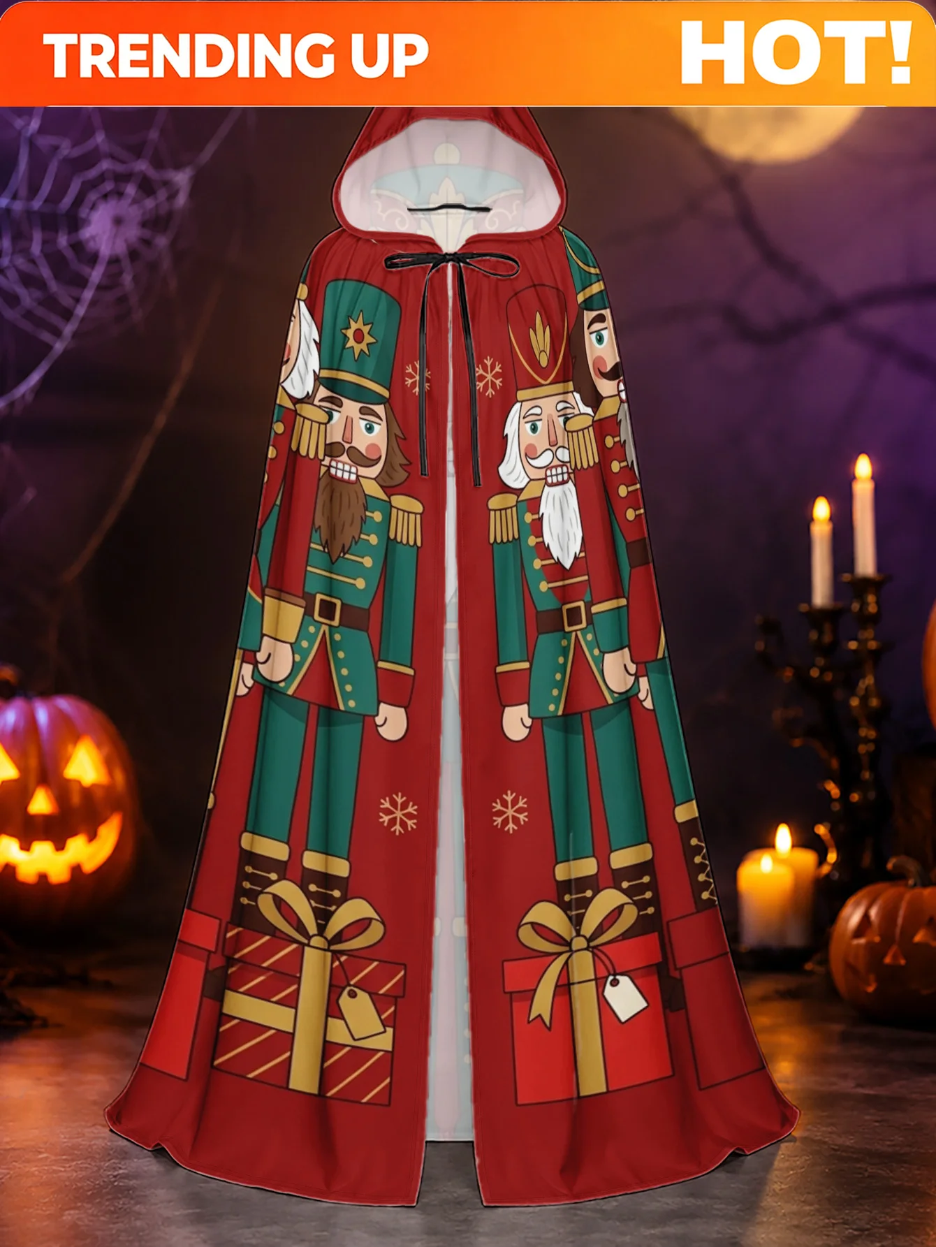 Customization 1pc, Adult Hooded Robe With Christmas Nutcracker Soldiers Design, Made Of Polyester For Halloween And Christmas