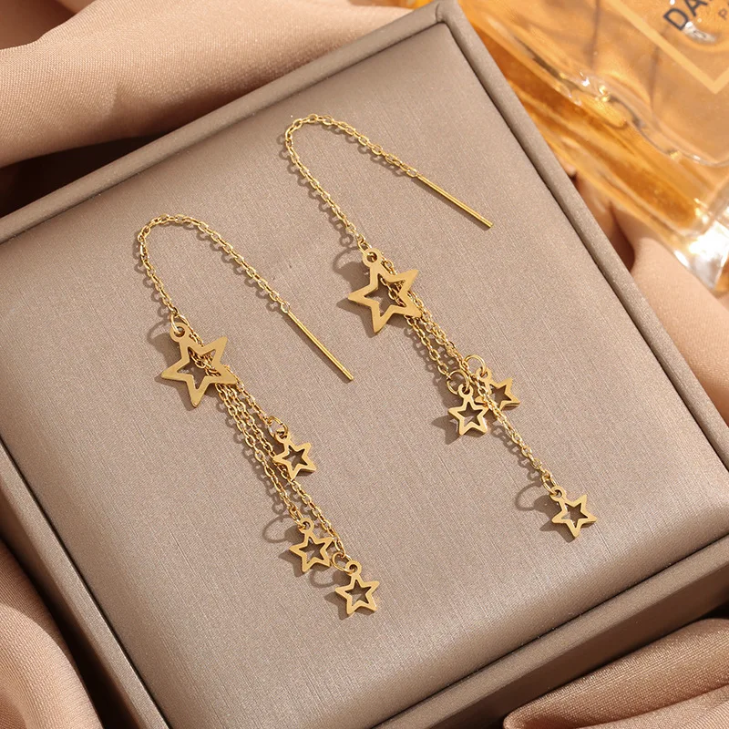 2024 Star Earline Women's Long Style Tassel Charm Pentagram Eardrop Charm Shows Thinning