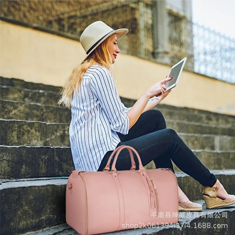 LBS طوي المرأة السفر مريحة حمل على الملابس حقيبة كبيرة بولي Leather الجلود القماش الخشن حقيبة المرأة حقيبة سفر الأعمال