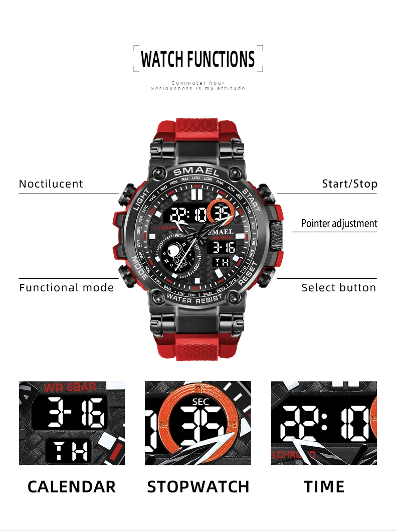SMAEL 8093 Men's Analog Digital Dual Display Sport Watch - 50M Waterproof LED Backlight Alarm Stopwatch Chronograph Shockproof view 2