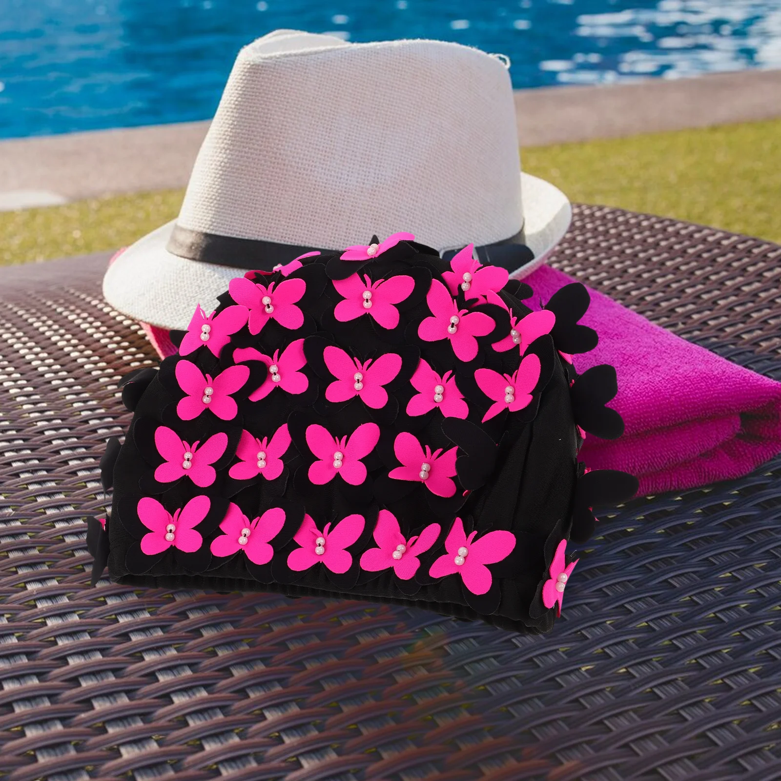 

3D Butterfly Swimming Cap Women Enlarged Size Ear Cover Comfort Fit Bathing Spa Sessions Long Lasting Nylon Swim Caps