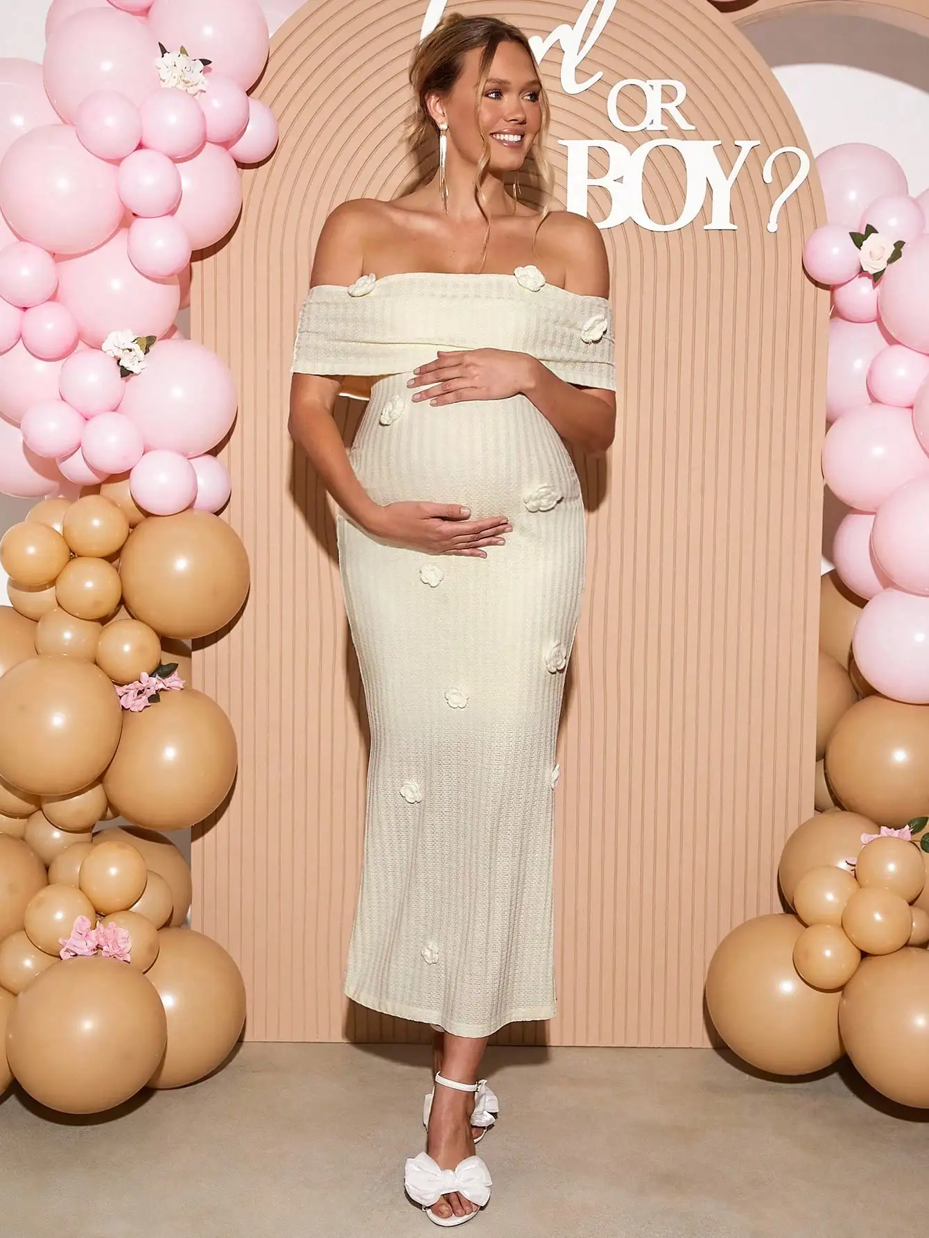 

Платье для беременных с открытыми плечами и 3D цветочными аппликациями, облегающее трикотажное миди-платье для вечеринки в честь рождения ребенка или определения пола ребенка