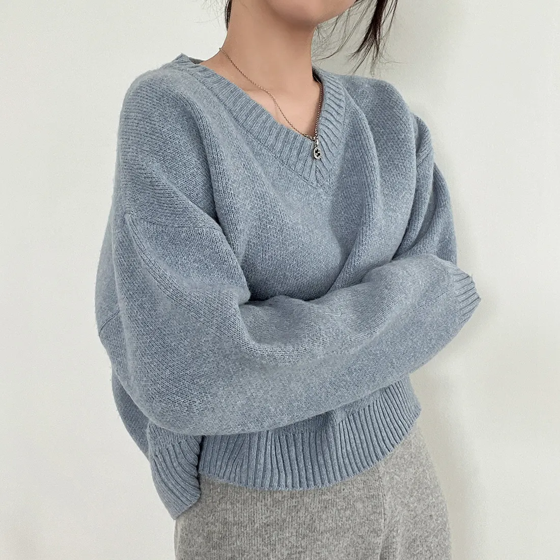 

Chic Basic V-Ne Color Long Sve Knitted Sweater Overhead Women's Faion Autumn Winter New Arrival Polyester Fiber
