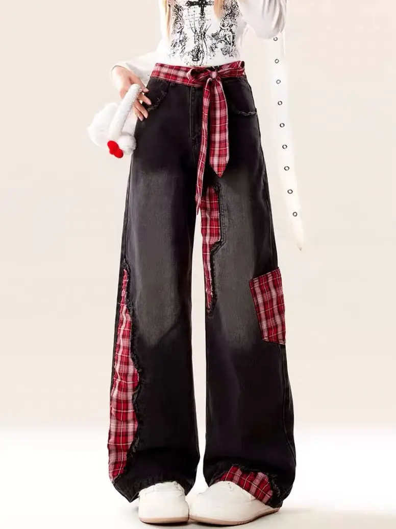 

American Women Retro Bow Tie Tied Jeans With Grid Splicing Harajuku Y2k Loose Casual Slimming Wide Leg Pants Jeans Woman