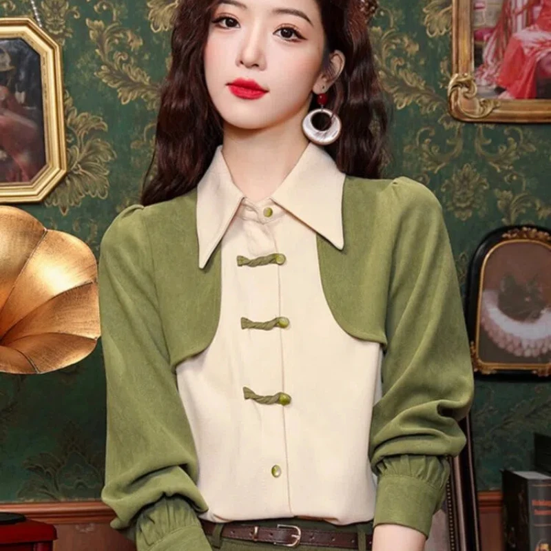 New Chinese Style Retro Shirt for Women\'s Spring Autumn and Winter 2024 New Unique and Chic Long Sleeved Top