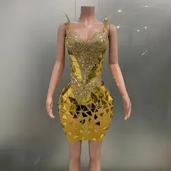 STOCK Luxury Gold Mirror Party Dress Sequin Glitter Spaghetti Strap Woman Spring Clothing Prom Party High Quality Mini Dress