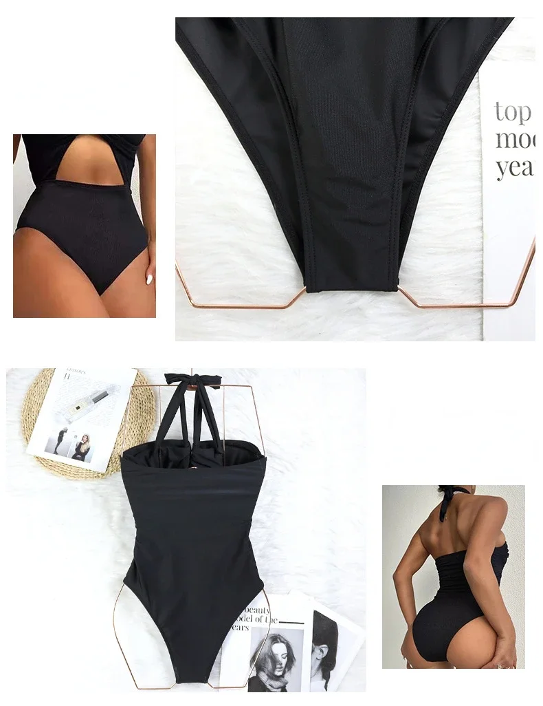 2024 New Sexy One Piece Swimsuit Swimwear Women Hollow Straps Halter High Waist Solid Bathing Suit Beachwear Maio Feminino Praia