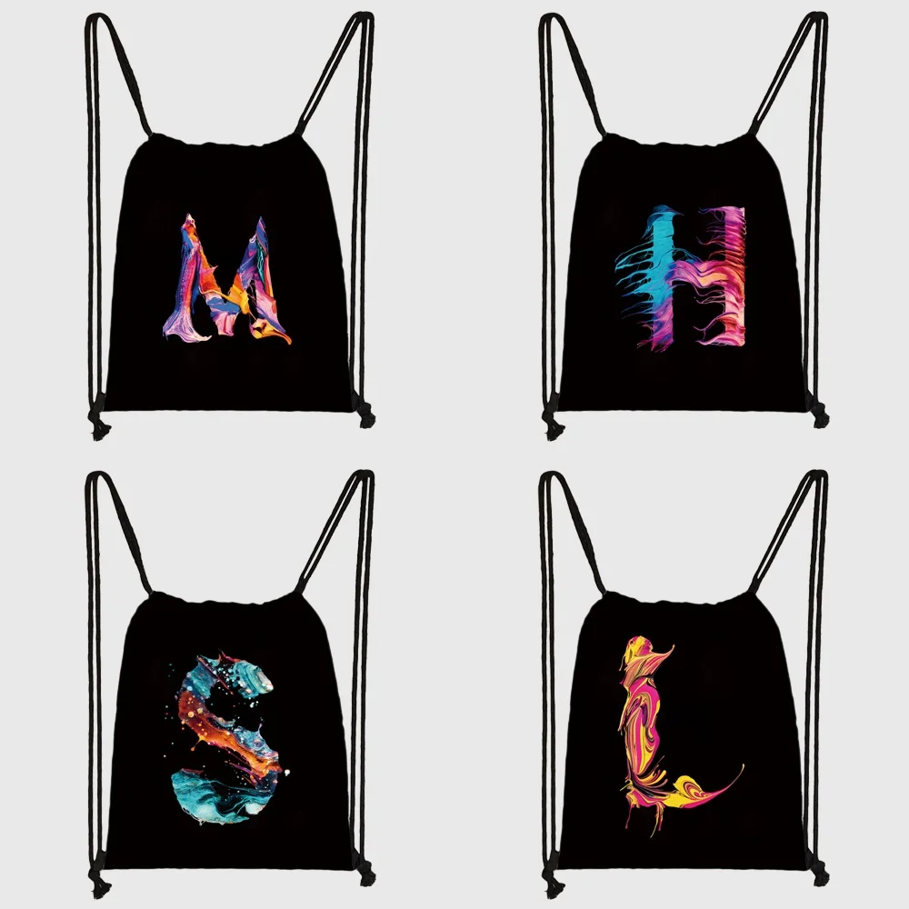 26 Initials Print Drawstring Bag Backpack Portable Lightweight Beach Sports Travel Bag Multifunctional Sundries Bag