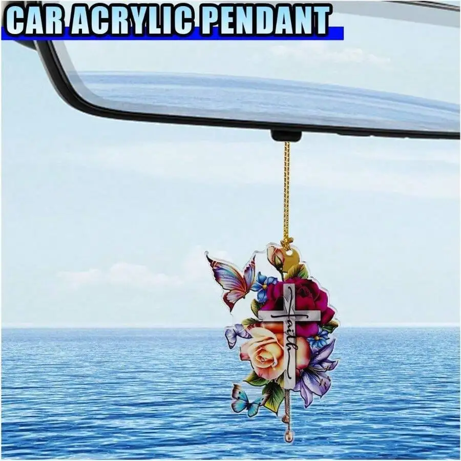 

Acrylic Car Rear View Mirror Pendant With Cross And Flowers Hanging Ornament For Interior Decoration