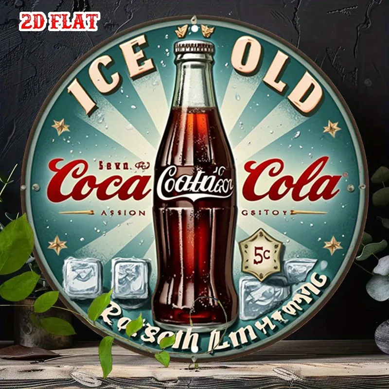 Round 2D Flat Vintage Soda Bottle Metal Plaque, Ice Cold Drink Ice Cube Retro Print Sign, Diner Kitchen Wall Ornament