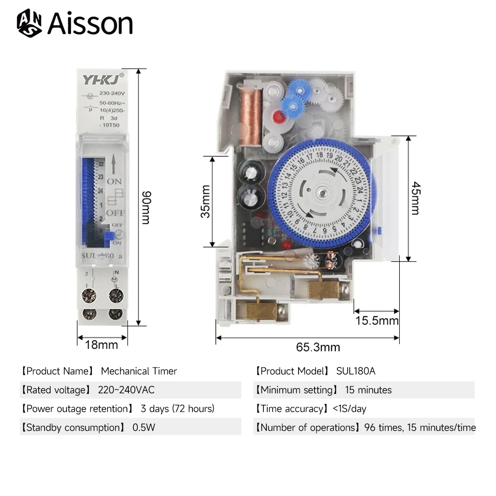 SUL180A Din Rail Mechanical Timer Switch 24 Hours Relay Analogues Electrical Programmable Timer Battery 220V 16A