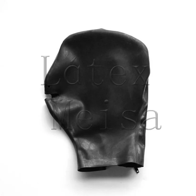 

100% natural latex hoods with open nostrils and mouth and attached back zip in black color