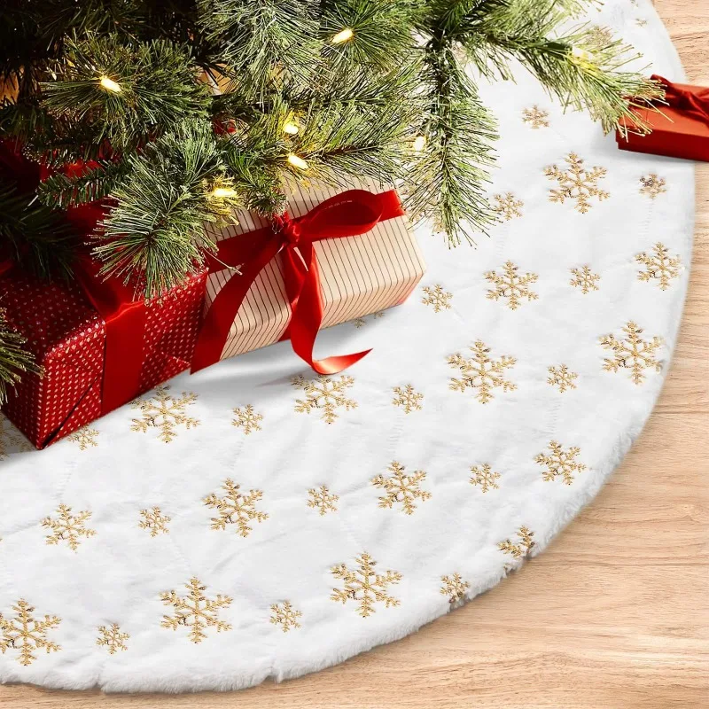 78/90/120cm Christmas Tree Skirt Pearlescent Snowflake sequin White Faux Fur Carpet Plush Mat For Home Xmas Tree New Year Decor