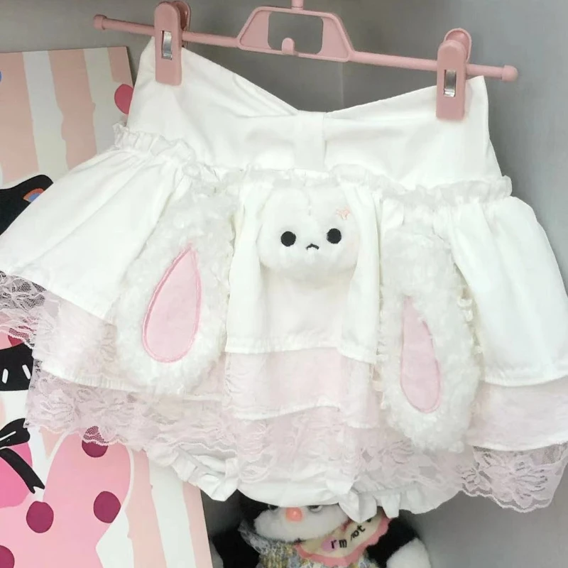 Deeptown Japanese Style Kawaii Bunny Mini Skirt Women Sweet Lolita Lace Short Skirts Cutecore Cake Layered Skirts Aesthetics