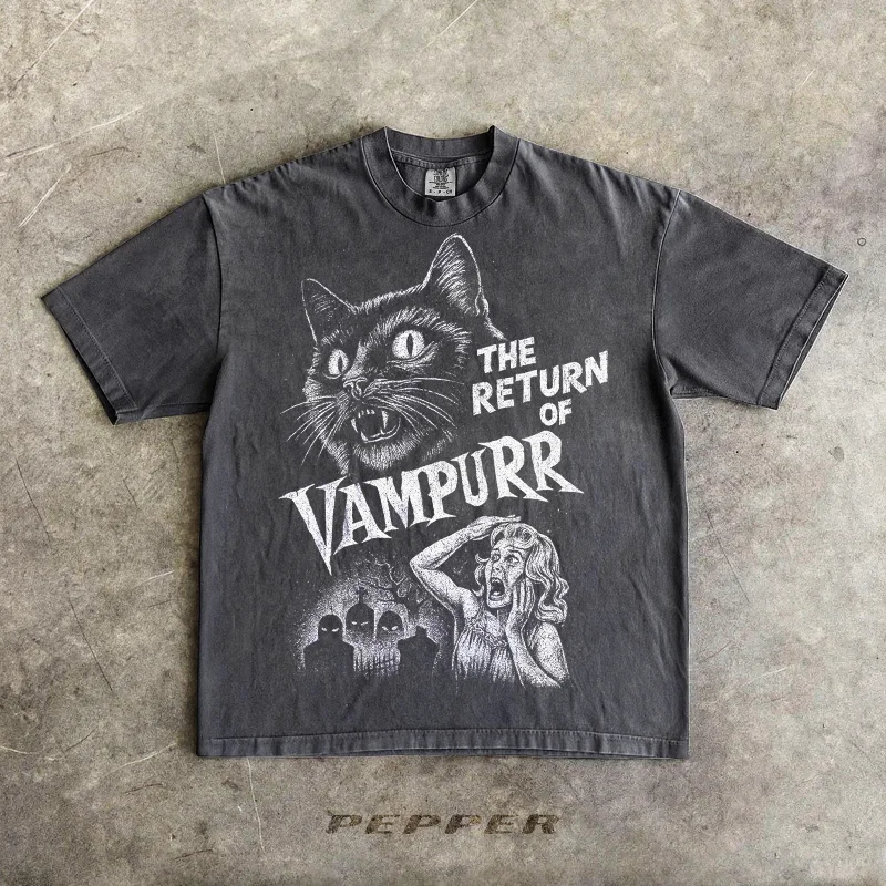 Retro Bloodsucking Cat Halloween T-shirt, Unisex Fun T-shirt, Men's T-shirt, Summer New Item Suitable for Both Men and Women