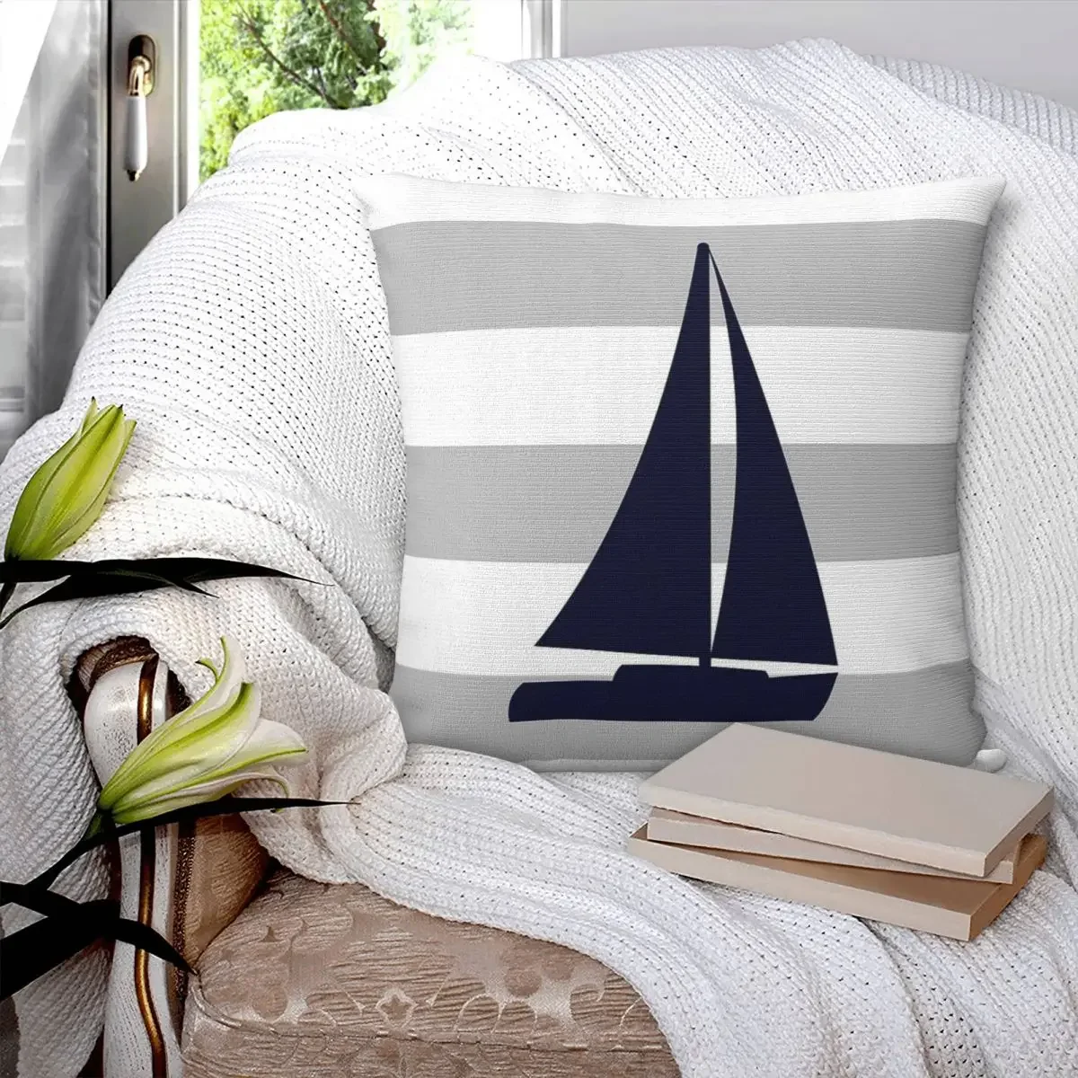 Nautical Navy Blue Ship's Steering Wheel On Red Stripes Pillowcase Cushion Comfort Throw Pillow Sofa Decorative Cushions Used