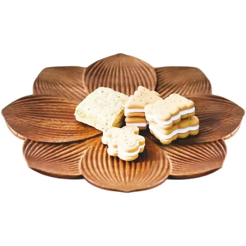 New Chinese Style Lotus Shaped Wooden Tea Tray for Dried Fruit Nuts Snacks Office Home Decor Serving Platter