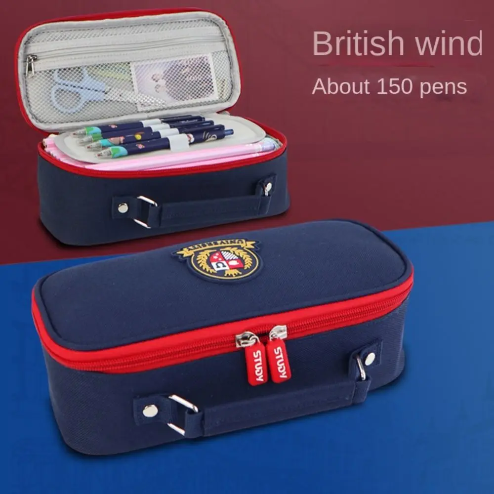 Bolsa de lápis estilo retrô britânico, oxford, à prova d'água, grande capacidade, zíper, tendência, multicamadas, bolsa de papelaria, crianças