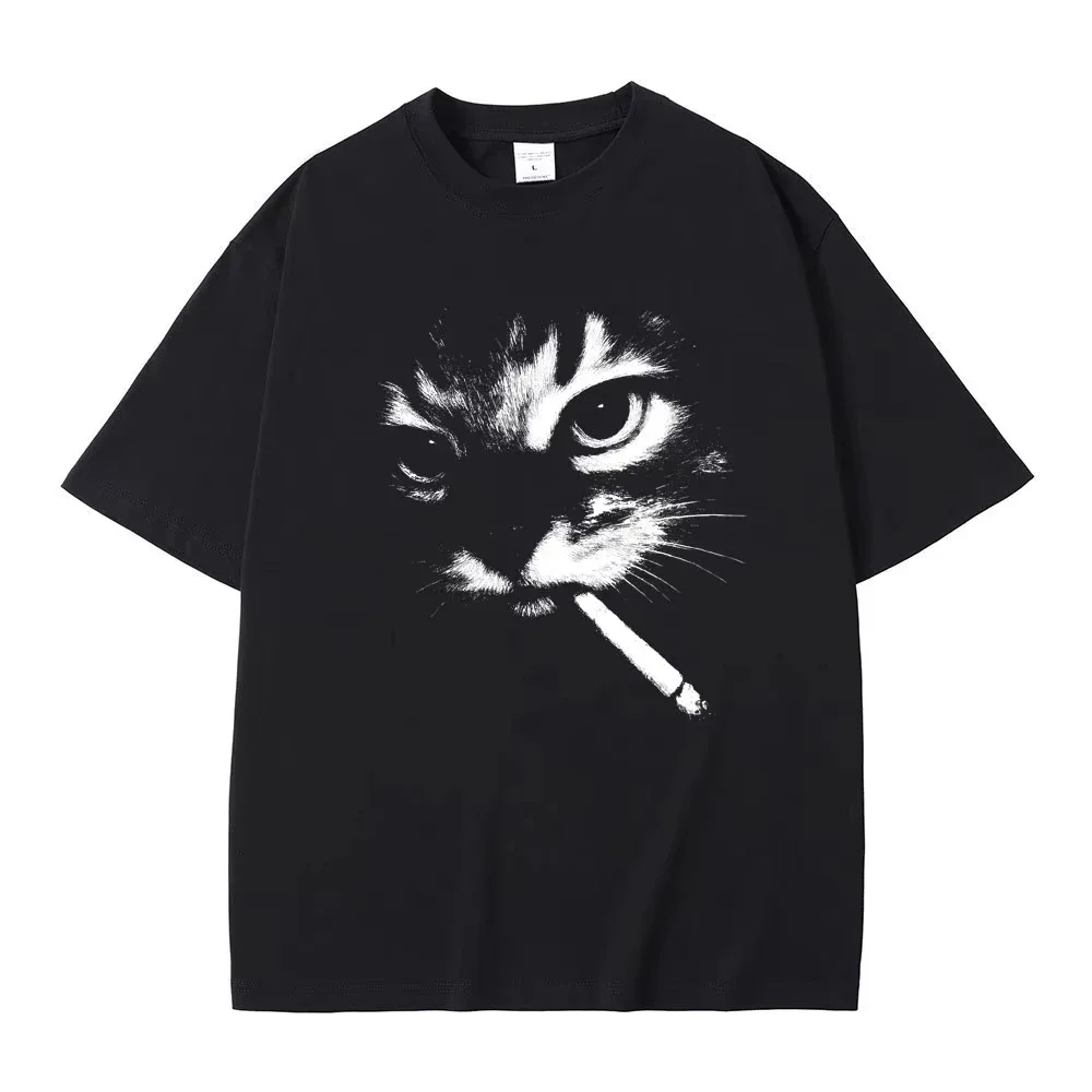 Divertido Meme fumar cara de gato camiseta gráfica casual retro camiseta súper grande camiseta amante del gato