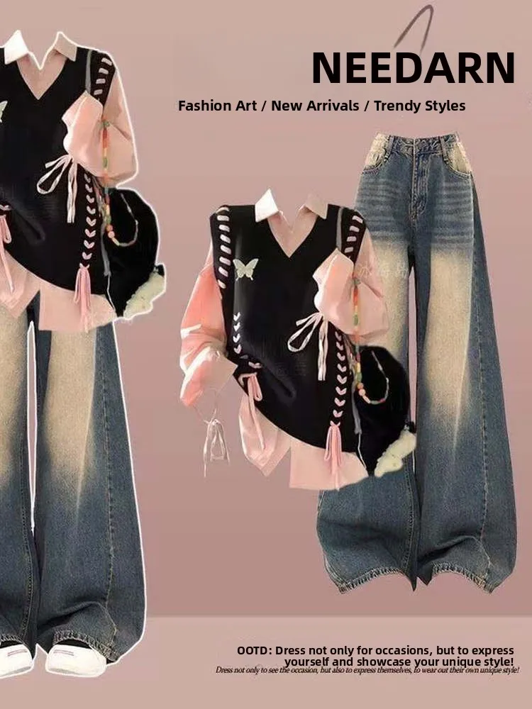 

Pink Knot V-ne Knitted Sweater Vest Set Women's Faion College Sle Long Sve Polyester Autumn Wear