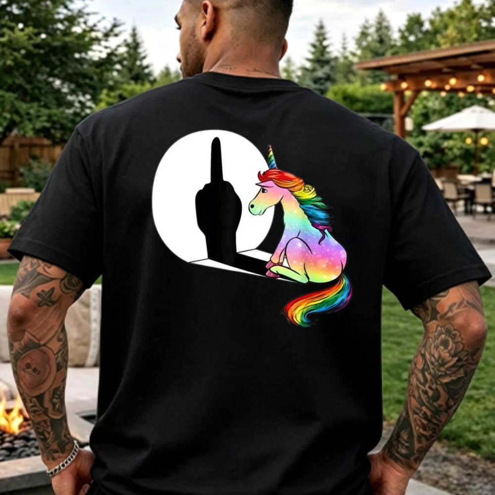 Men  Cotton Tee Rainbow Unicorn Middle Finger Sarcastic Cartoon Graphic Short Sleeve Streetwear Summer Casual Breathable Tops