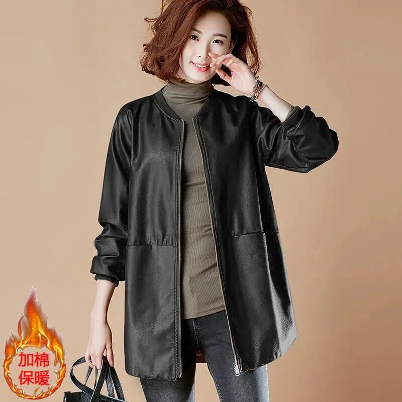 6XL Long Leather Coat Female 2024 Spring Autumn New Korean Version of Loose Match Slimming PU Baseball Jacket Leather Top Tide