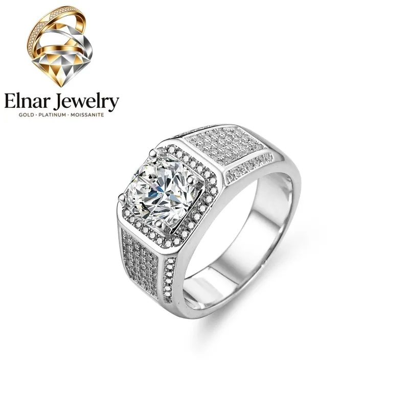 

Elnar Jewelry Men's Solid and Bold Boss Ring - 2 Carat Moissanite, Crafted in PT950 Platinum, Exquisite Diamond Design
