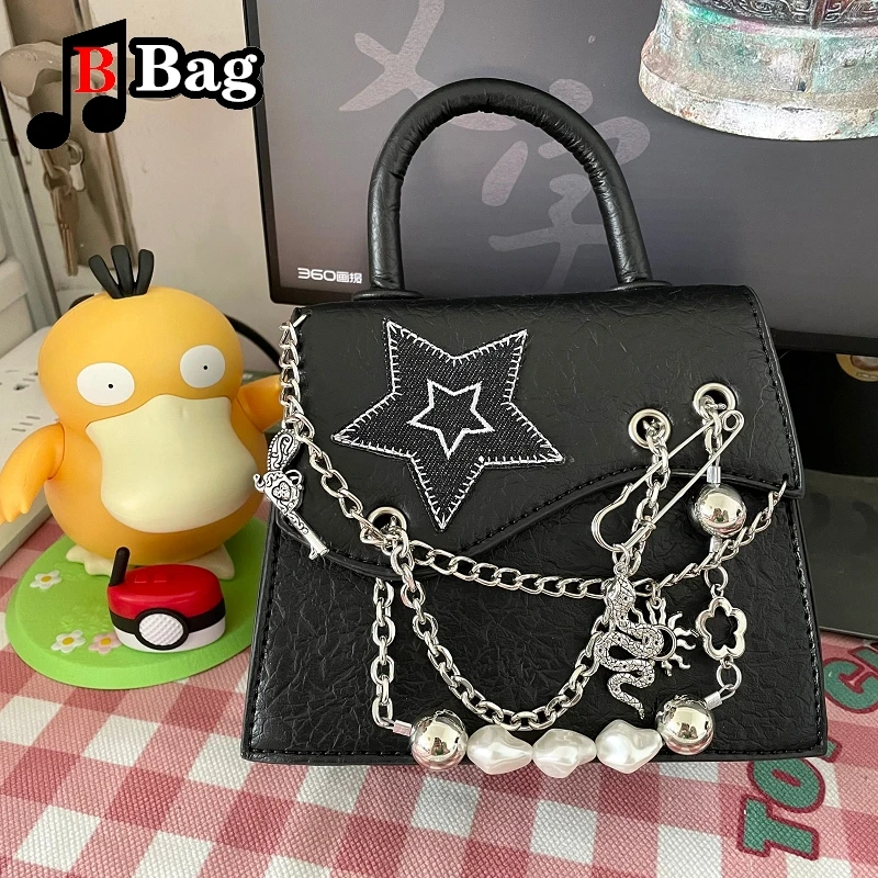 

Y2K Punk Rock Metallic Pearl Chain Small Square bag Women Girl Gothic Small Handbag tote Female Hip hop trend Mini Messenger bag