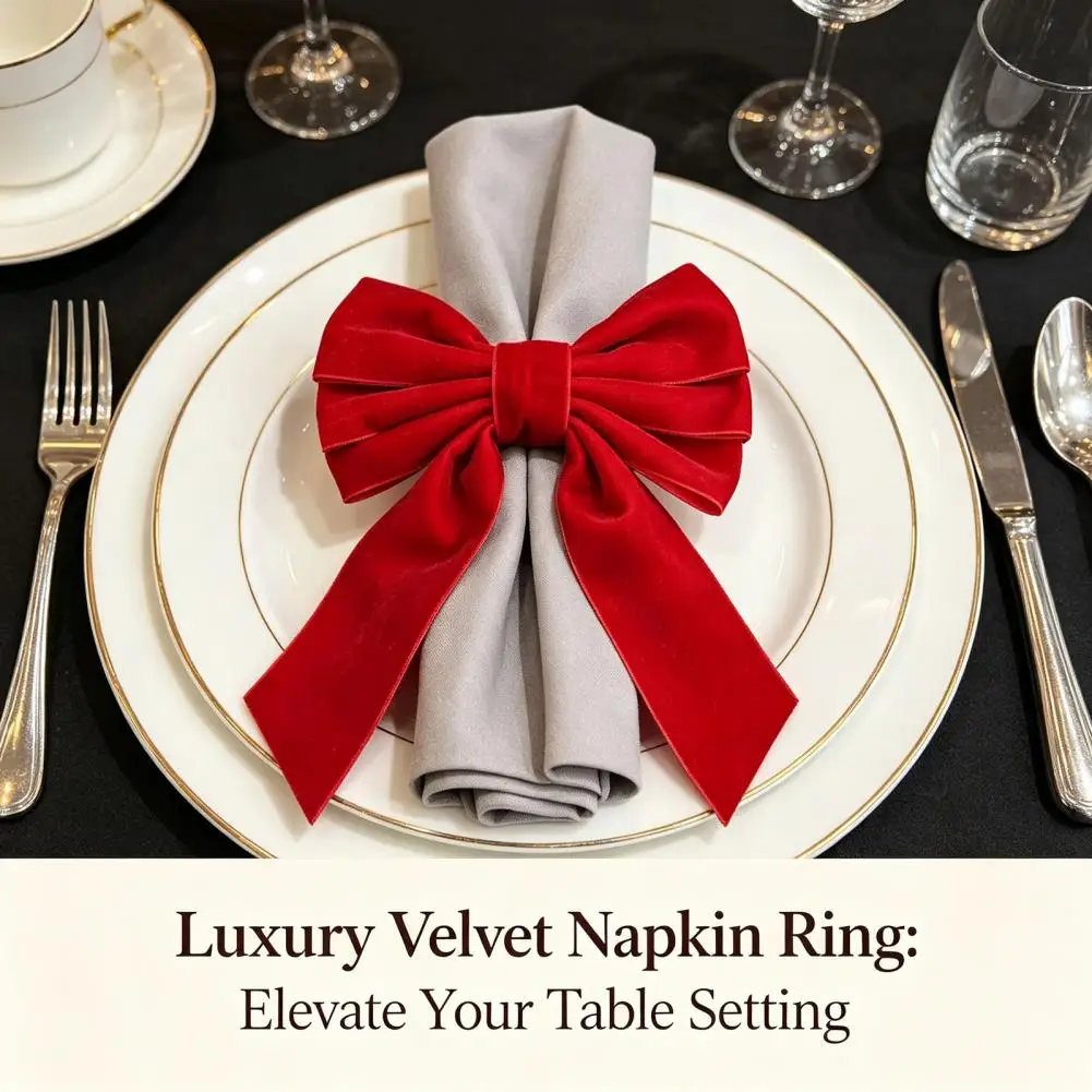 Table Setting Accessories for Holidays 6pcs Velvet Bow Napkin Rings Set Christmas Fabric Napkin Holders Holiday Party for Dinner