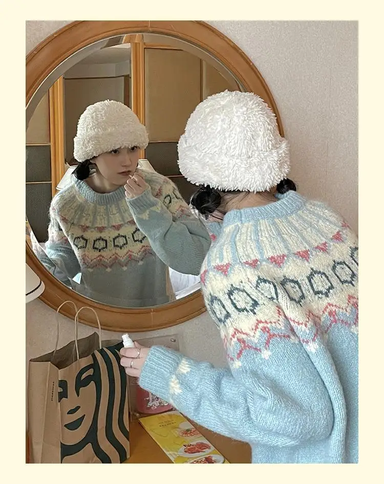 Retro Jacquard Boho Geometric Pattern Sweater Loose Warm Winter Pullover Youth Lady Casual Oversized Jersey Jumper Korean Trendy