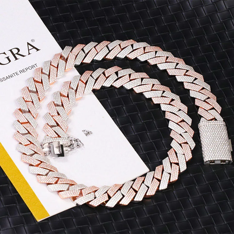 Chain Fashion 20mm Wide 925 Solid Silver Rose Gold Iced Out Moissanite Diamond Cuban Chain Link for Hip Hop Jewelry.