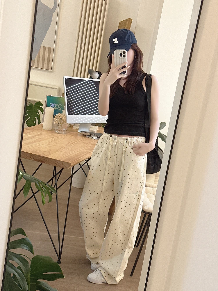 

Spring New Polka Dot Wide Leg Jeans Women High Waist Slim Straight Casual Pants Versatile Floor Length Trousers
