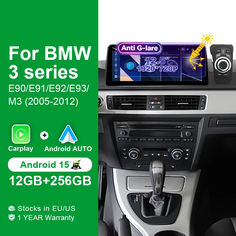 12.5” Screen 12G 256G Android 15 Car Radio Wireless Carplay Autoradio Stereo For BMW 3 Series E90 E91 E92 E93 idriver 2005-2012 Bluetooth Accessoriy Navigation GPS Multimedia Player 2 DIN