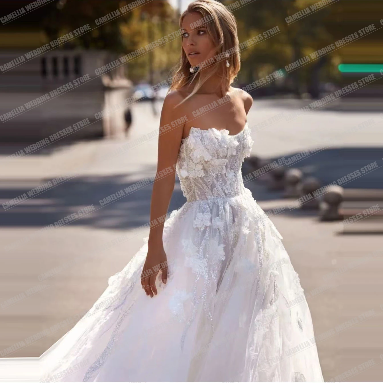 Gorgeous 3D Flower Wedding Dresses A Line Women's Sexy Sweetheart Appliques Sweep Train Formal Bridal Gowns Vestidos De Novia