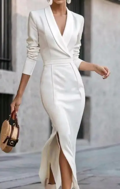 فستان خريفي أنيق للتنقل بلون سادة ورقبة على شكل حرف V وخصر للنساء، مزاج أنيق، فستان ملفوف على الورك