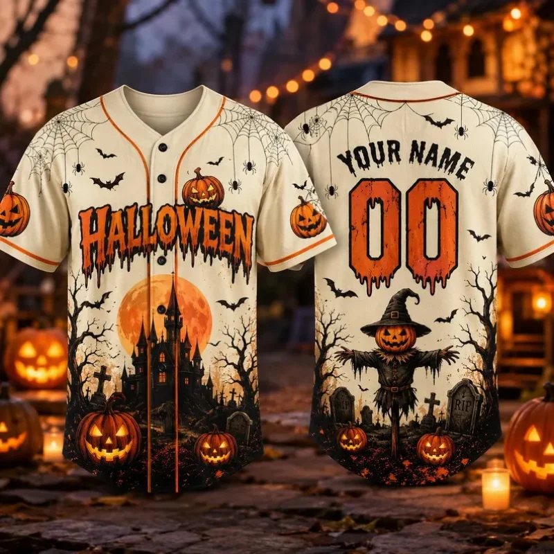 Custom Name Number Halloween Baseball Jersey for men Scarecrow Haunted Castle Pumpkin Short Sleeve Button Down Party Costume